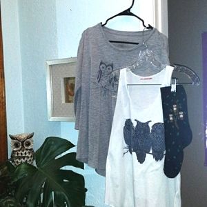 Bundle of owl stuff, 3 owls on 3 different items, a tank top, long sleeve, socks